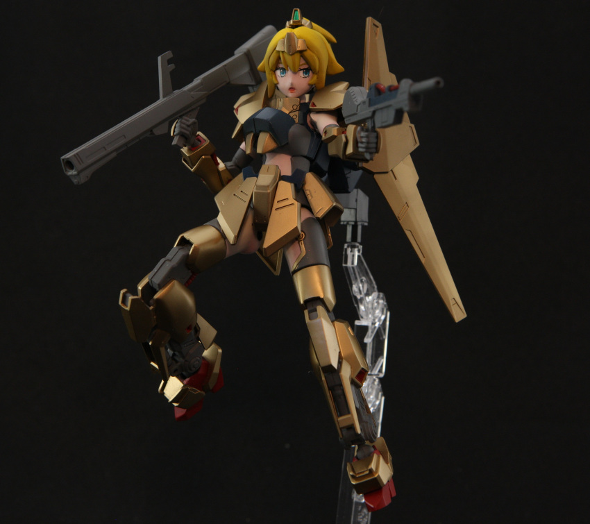 1girl absurdres bangs beam_rifle black_background blonde_hair blue_eyes cosplay dual_wielding energy_gun english_text gun gundam gunpla hat_(thehatweaver) highres holding holding_gun holding_weapon hoshino_char hyaku_shiki hyaku_shiki_(cosplay) mecha_musume model_kit open_mouth photo_(medium) plamo shoulder_cannon solo tsunderia virtual_youtuber weapon zeta_gundam