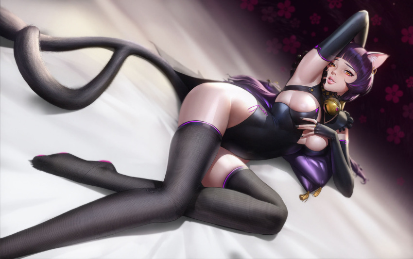 1girl animal_ears arm_behind_head arm_up armpits bangs bed_sheet bell black_gloves black_legwear black_leotard black_nails blunt_bangs breasts cat_band_gloves cat_ears cat_girl cat_tail dutch_angle elbow_gloves facing_to_the_side feet_out_of_frame fingerless_gloves floral_background forked_tail gloves hair_tubes hand_on_breast highleg highleg_leotard highres jingle_bell kyungnam234 leotard long_hair looking_at_viewer low_twintails medium_breasts neck_bell no_shoes on_bed original pillow pink_lips purple_background purple_hair reclining sidelocks skindentation sleeveless solo tail tailcoat tassel thighhighs twintails yellow_eyes