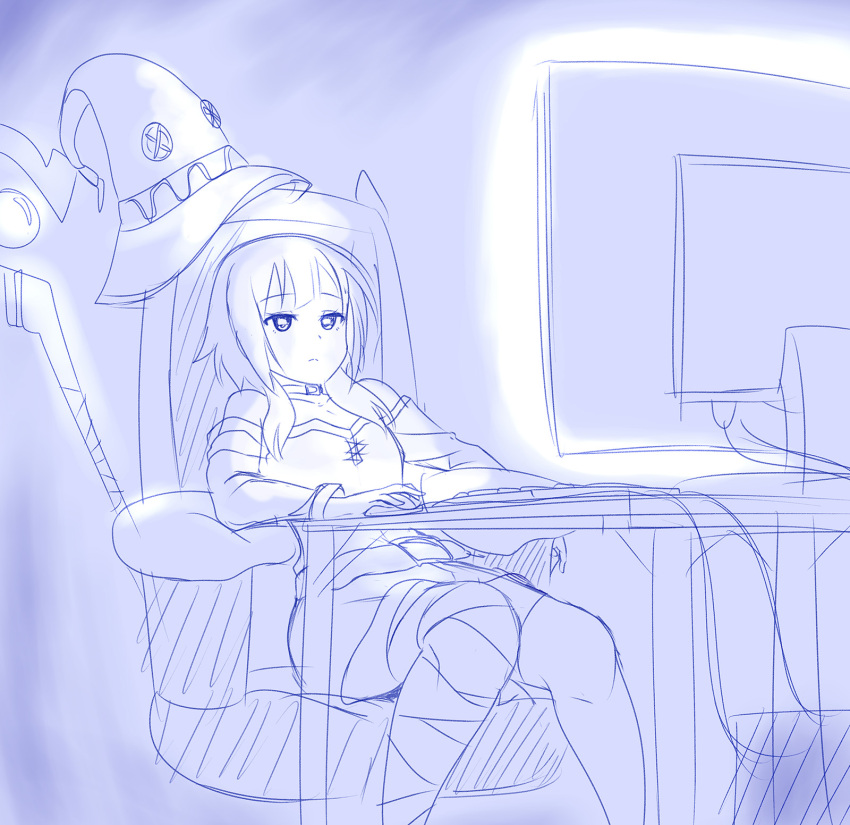 1girl bandaged_leg bandages belt closed_mouth collarbone dress expressionless feet_out_of_frame hat hat_removed headwear_removed highres keyboard_(computer) kono_subarashii_sekai_ni_shukufuku_wo! megumin monitor monochrome mouse_(computer) screen_light short_hair short_hair_with_long_locks sitting solo staff viperxtr witch_hat