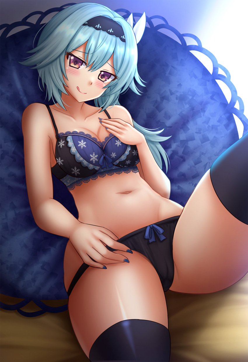 1girl :q bangs bare_arms bare_shoulders black_legwear black_panties blue_bra blue_hair blue_nails blush bow bow_panties bra breasts cleavage closed_mouth collarbone commentary english_commentary eula_lawrence eyebrows_visible_through_hair genshin_impact groin hair_between_eyes head_tilt highres kazenokaze knee_up lace-trimmed_bra lace_trim long_hair looking_at_viewer medium_breasts nail_polish navel panties pillow purple_eyes revision smile solo thighhighs tongue tongue_out underwear underwear_only