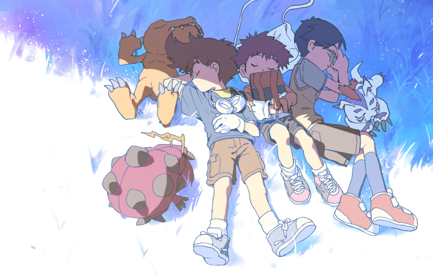 3boys :3 agumon antennae arm_behind_head arm_up backpack bag bangs black_legwear blue_hair blue_shirt brown_hair brown_shorts claws closed_eyes closed_mouth commentary_request creature digimon digimon_(creature) digimon_adventure glasses gloves goggles goggles_around_neck gomamon grass grey_shirt hands_up highres holding holding_bag izumi_koushirou kido_jou kneehighs long_sleeves lying male_focus multiple_boys on_back on_grass on_ground on_side open_mouth orange_shirt outdoors red_footwear school_bag sharp_teeth shirt shoes short_hair short_sleeves shorts shoulder_bag sleeping sneakers socks spiked_hair t-shirt tantanmen teeth tentomon vest white_footwear white_gloves white_legwear yagami_taichi yellow_vest
