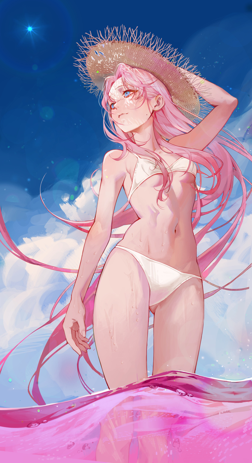 1girl absurdres arms_behind_head bikini blue_eyes breasts closed_mouth cloud cloudy_sky hat highres huge_filesize long_hair medium_breasts mole mole_under_eye nea_(nongta2002) ocean original pink_hair ribs sky straw_hat sun_hat sunlight swimsuit white_swimsuit