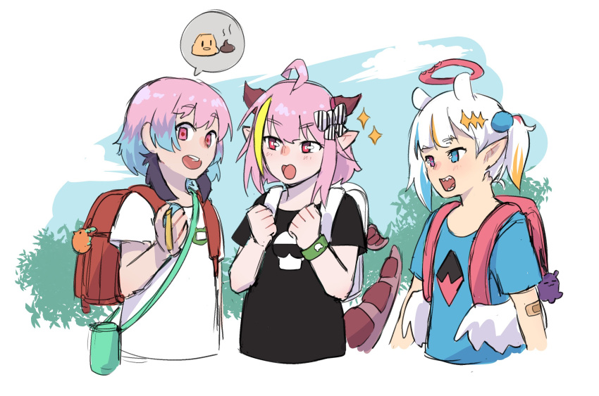 3girls ahoge animal_ears asacoco backpack bag bag_charm bandaid bandaid_on_arm bangs bite_mark black_shirt blonde_hair blue_eyes blue_hair blue_shirt bow bright_pupils charm_(object) child clara_mori commentary crmanzana cropped_torso day diagonal-striped_bow dragon_girl dragon_horns dragon_tail earrings english_commentary extra_ears eyebrows_visible_through_hair feather_earrings feathers gawah_guwah hair_bow hair_ornament halo heterochromia highres holding hololive hololive_english horns if_they_mated jewelry kira_kiryope kotori_(takanashi_kiara) looking_at_another low_wings multicolored_hair multiple_girls one_side_up open_mouth orange_hair outdoors pink_eyes pink_hair pointy_ears poop print_shirt purple_eyes purple_hair red_bag red_eyes red_hair school_bag shirt short_hair short_sleeves shoulder_bag sidelocks sketch skull_print sparkle streaked_hair striped striped_bow tail tako_(ninomae_ina'nis) tamagotchi tied_hair upper_body virtual_youtuber what_if white_bag white_hair white_pupils white_shirt white_wings wings wristband