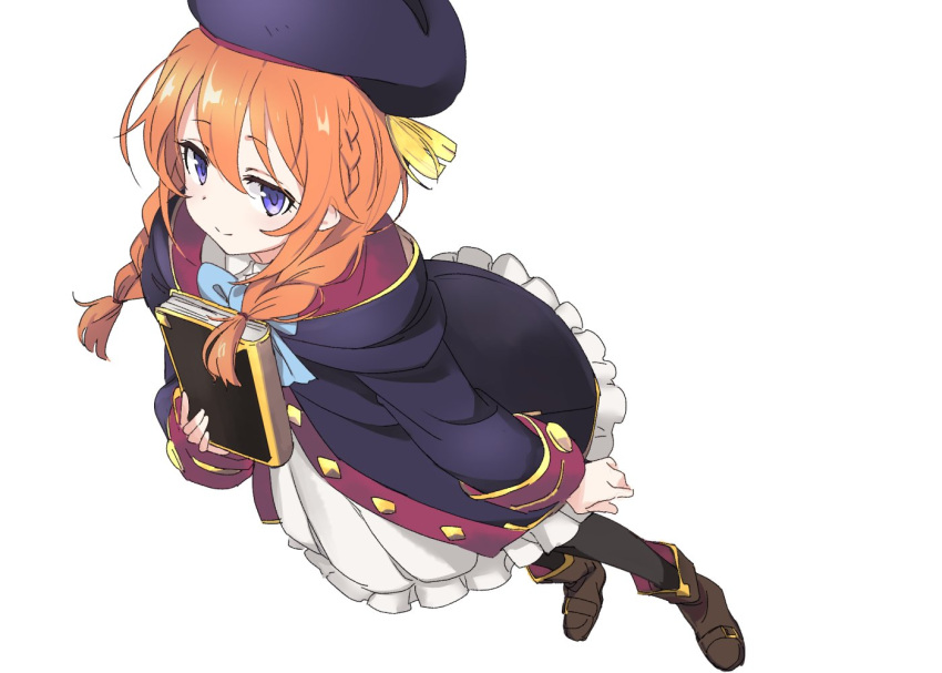 1girl bangs beret black_headwear black_legwear blue_bow book boots bow braid brown_footwear coat eyebrows_visible_through_hair frilled_coat frills hair_between_eyes hat hibimegane holding holding_book hood hood_down hooded_coat long_hair long_sleeves looking_at_viewer orange_hair princess_connect! purple_eyes simple_background smile solo standing tassel twin_braids white_background yuni_(princess_connect!)