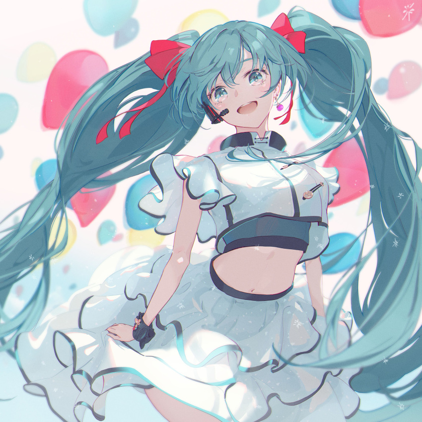 1girl :d aqua_eyes aqua_hair balloon bangs bare_legs black_wrist_cuffs bow breasts commentary cowboy_shot crop_top earrings frilled_shirt frilled_skirt frills hair_bow hatsune_miku headset highres jewelry kodamazon large_breasts long_hair looking_at_viewer midriff open_mouth red_bow shirt simple_background single_earring skirt smile solo twintails very_long_hair vocaloid white_background white_shirt white_skirt wrist_cuffs