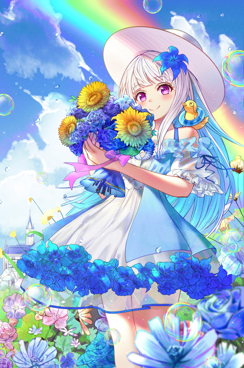 1girl absurdres animal_on_shoulder bare_shoulders bird blue_flower blue_hair blue_rose blue_sky bouquet bubble chick closed_mouth cloud commentary_request day dress flower hair_flower hair_ornament hat highres holding holding_bouquet huge_filesize lize_helesta long_hair monocle multicolored_hair nijisanji off-shoulder_dress off_shoulder on_shoulder outdoors pink_flower puffy_short_sleeves puffy_sleeves purple_eyes purple_flower rainbow rose sebastian_piyodore see-through short_sleeves sky smile sun_hat two-tone_hair very_long_hair virtual_youtuber wang_man white_dress white_hair white_headwear
