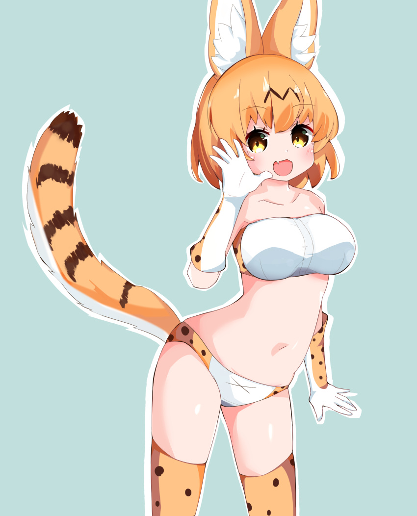 1girl :d animal_ear_fluff animal_ears berusa_(berutoo) blue_background bra breasts collarbone contrapposto cowboy_shot elbow_gloves fang gloves highres kemono_friends large_breasts looking_at_viewer navel open_mouth orange_hair outline panties serval_(kemono_friends) serval_ears serval_print serval_tail short_hair simple_background skin_fang smile solo tail thighhighs underwear white_outline yellow_eyes