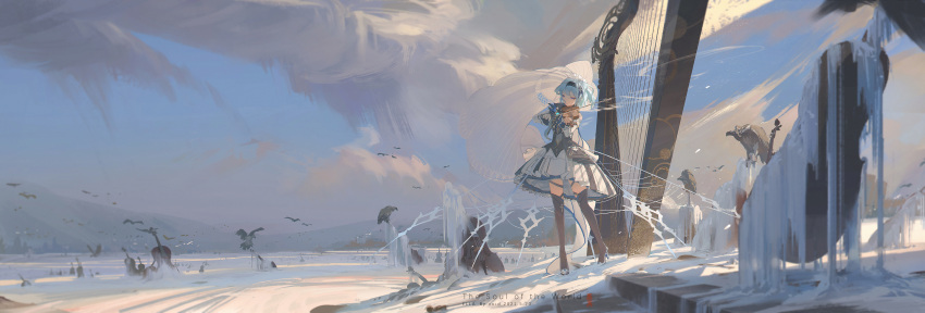 1girl absurdres artist_name bird black_hairband blue_hair boots cello cloud commentary dated dress english_text eula_lawrence genshin_impact gloves hair_ornament hairband harp high_heels highres ice instrument long_sleeves medium_hair music outdoors photoshop_(medium) playing_instrument purple_eyes scenery single_glove snow solo stairs stone_stairs thigh_boots thighhighs typo violin void_0 vulture