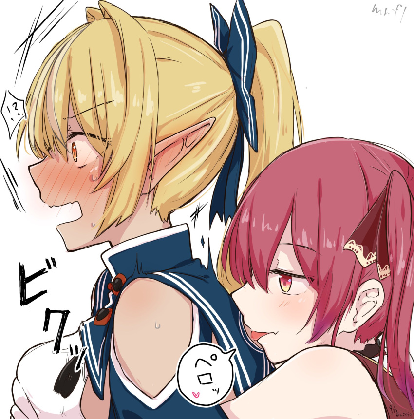 !? 2girls bangs bare_shoulders blonde_hair blush dark-skinned_female dark_skin elf eyebrows_visible_through_hair hair_ribbon highres hololive houshou_marine licking licking_back long_hair looking_at_viewer multiple_girls open_mouth pointy_ears red_hair ribbon shiranui_flare spoken_interrobang sweat translated tsubudashi twintails virtual_youtuber yuri