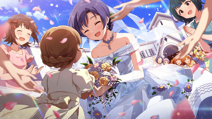 6+girls ahoge alternate_hairstyle amami_haruka bangs bare_shoulders blue_sky blush bouquet bridal_veil bride brown_eyes brown_hair child church cloud collarbone day dress elbow_gloves flower formal gloves green_hair holding holding_bouquet hoshii_miki idolmaster idolmaster_million_live! idolmaster_million_live!_theater_days jewelry kisaragi_chihaya long_hair makabe_mizuki miura_azusa mochizuki_anna mole mole_under_mouth multiple_girls narumi_arata necklace off_shoulder official_art open_mouth otonashi_kotori outdoors petals pink_dress purple_hair short_hair sky smile strapless strapless_dress sunlight takatsuki_yayoi tied_hair tokugawa_matsuri twintails veil wedding wedding_dress white_dress white_gloves