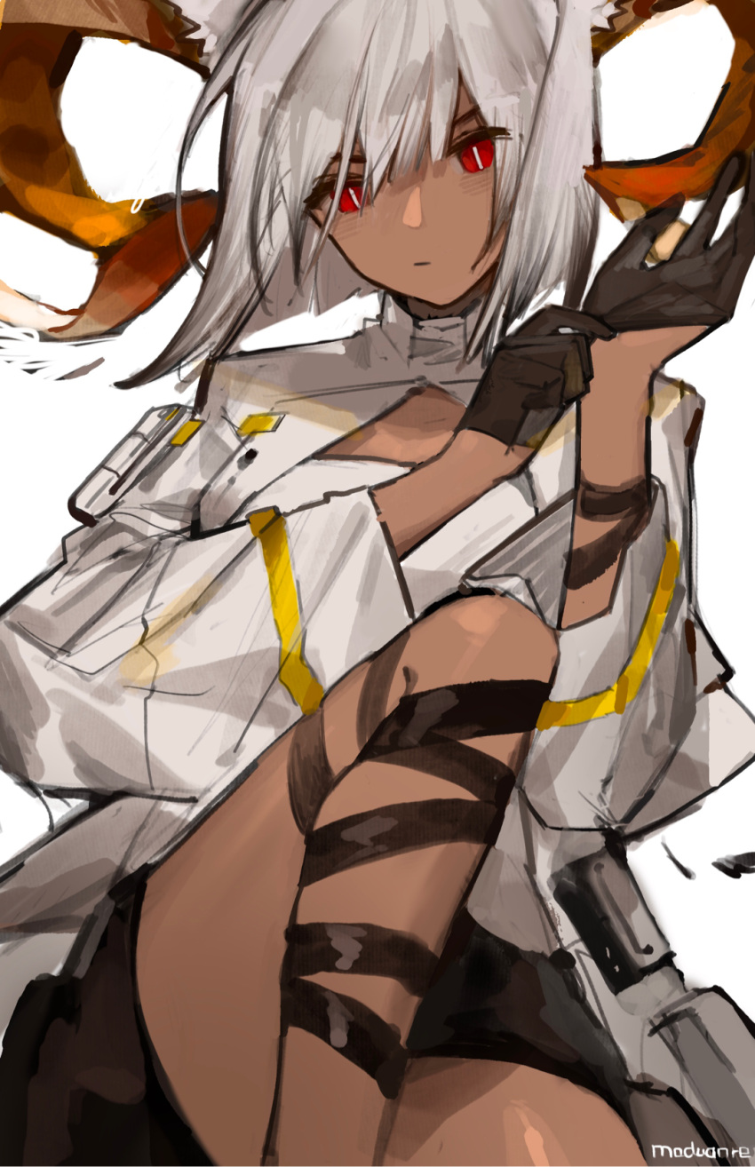 1girl arknights bangs belt black_gloves breasts carnelian_(arknights) dark-skinned_female dark_skin finn_zoey gloves goat_girl goat_horns highres horns jacket leg_belt looking_at_viewer putting_on_gloves red_eyes short_hair shorts silver_hair simple_background solo white_background white_jacket