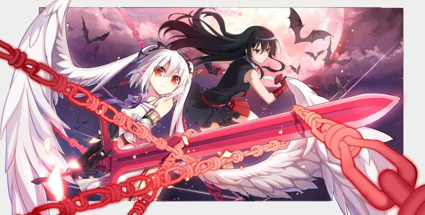2girls akame akame_ga_kill! bangs bat black_dress black_gloves black_hair border chain character_request closed_mouth detached_sleeves dress elbow_gloves eyebrows_visible_through_hair feathered_wings floating_hair full_moon gloves grey_border hair_between_eyes head_wings highres holding holding_sheath holding_weapon k12io katana long_hair moon multiple_girls pleated_dress red_eyes sheath shiny shiny_hair short_dress silver_hair sleeveless sleeveless_dress smile straight_hair sword twintails unsheathing very_long_hair weapon white_wings wings