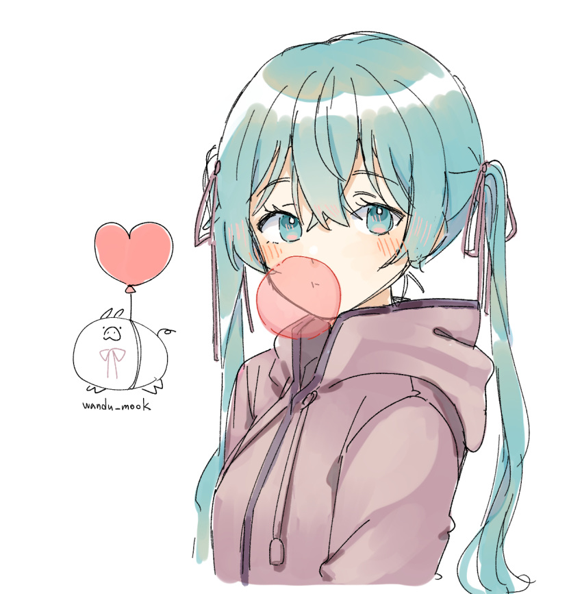 1girl aqua_eyes aqua_hair artist_logo artist_name blush blush_visible_through_hair brown_hoodie bubble_blowing chewing_gum closed_mouth commentary english_commentary eyebrows_visible_through_hair hair_blush hair_ribbon hatsune_miku heart_balloon highres hood hood_down hoodie long_hair looking_at_viewer purple_ribbon ribbon simple_background solo twintails upper_body vocaloid wandu_muk white_background