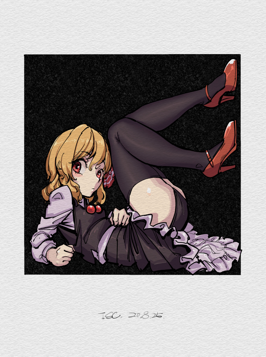 absurdres ascot ass black_dress black_panties blonde_hair collared_shirt cravat dress flat_chest frills hair_ribbon high_heels highres looking_at_viewer panties red_eyes red_neckwear red_ribbon ribbon rumia shirt short_hair skirt skirt_set stank team_9 thighhighs touhou underskirt underwear vest white_shirt youkai