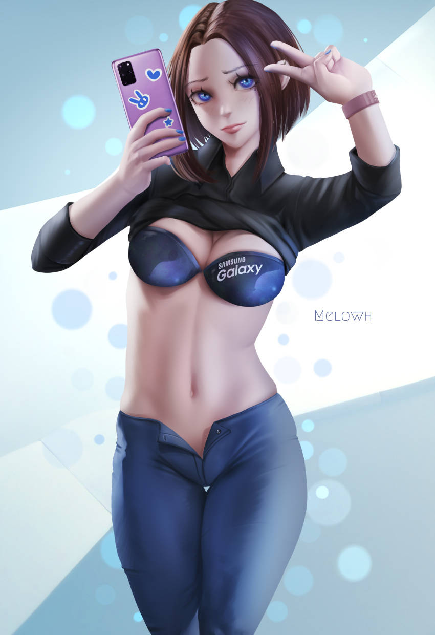 1girl absurdres artist_name bangs black_shirt blue_eyes blue_nails blue_pants blush bra breasts brown_hair cellphone cleavage closed_mouth clothes_lift collared_shirt commentary copyright_name cowboy_shot ear_piercing freckles highres holding holding_phone medium_breasts medium_hair melowh mole mole_under_eye navel open_fly pants parted_bangs phone piercing samsung samsung_sam selfie shirt shirt_lift smartphone solo underwear undressing v