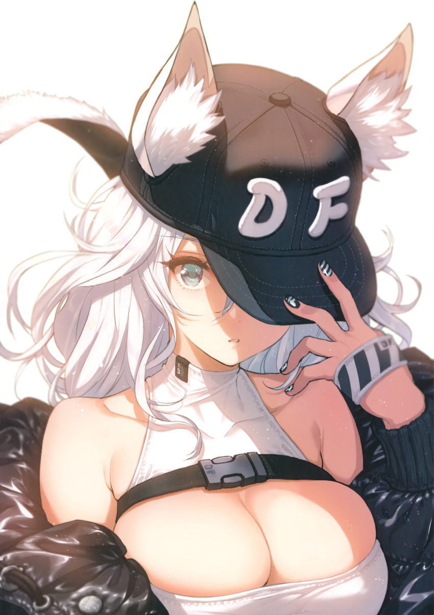 1girl absurdres adjusting_clothes adjusting_headwear animal_ear_fluff animal_ears bangs bare_shoulders baseball_cap black_jacket blue_eyes breasts cleavage covered_collarbone fingernails hand_up hat highres jacket large_breasts long_hair long_sleeves looking_at_viewer nail_polish off_shoulder open_mouth original saitou_masatsugu scan silver_hair simple_background sleeveless solo turtleneck upper_body