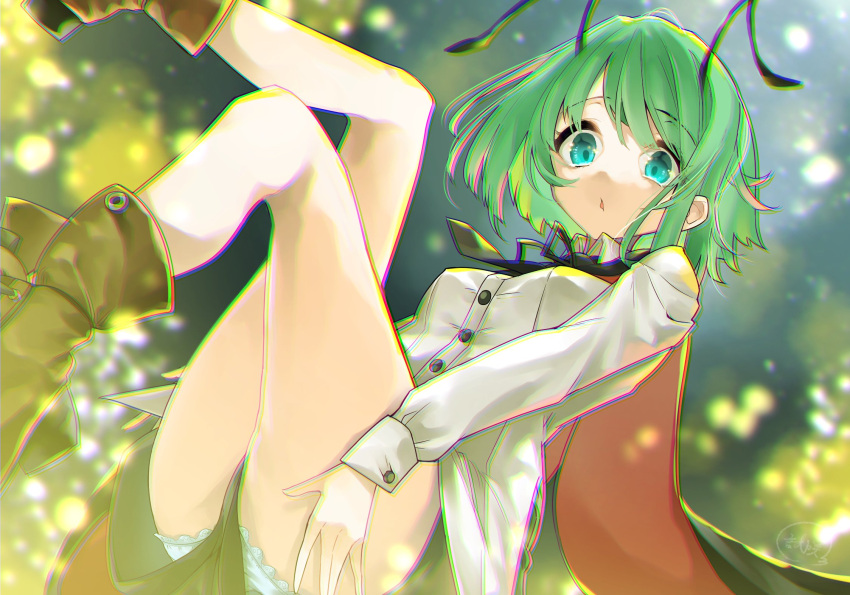 1girl antennae aqua_eyes bangs black_cape black_pants boots brown_footwear buttons cape chromatic_aberration closed_mouth eyebrows_visible_through_hair green_hair highres light_particles long_sleeves looking_at_viewer open_mouth panties pants shirt shisakugata short_hair solo touhou underwear upshorts white_panties white_shirt wriggle_day wriggle_nightbug