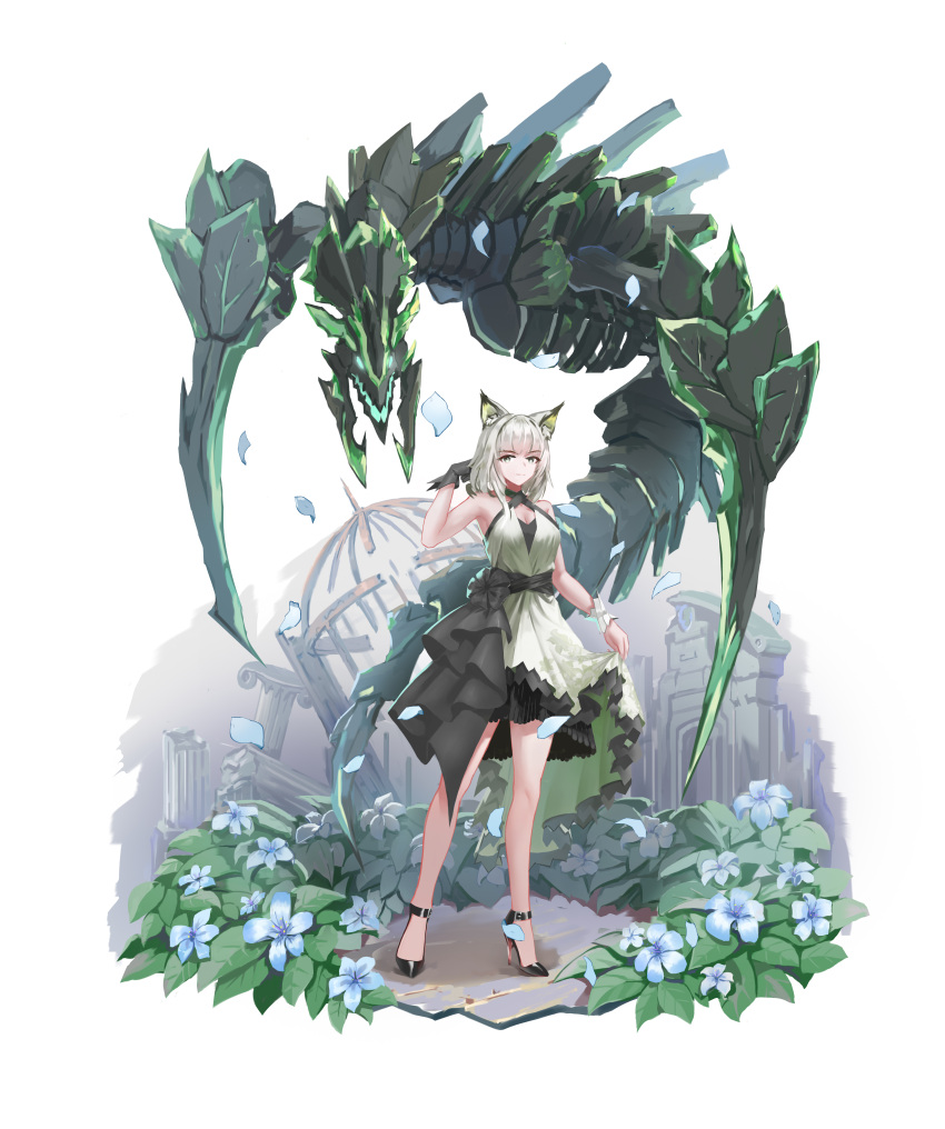 absurdres animal_ear_fluff arknights black_footwear black_gloves blue_flower breasts cage chinese_commentary cleavage clothes_lift commentary dress dress_lift flower gloves green_dress green_eyes green_hair high_heels highres kal'tsit_(arknights) lifted_by_self lynx_ears maolo mon3tr_(arknights) monster petals ruins single_glove single_wrist_cuff white_background white_wrist_cuffs wrist_cuffs