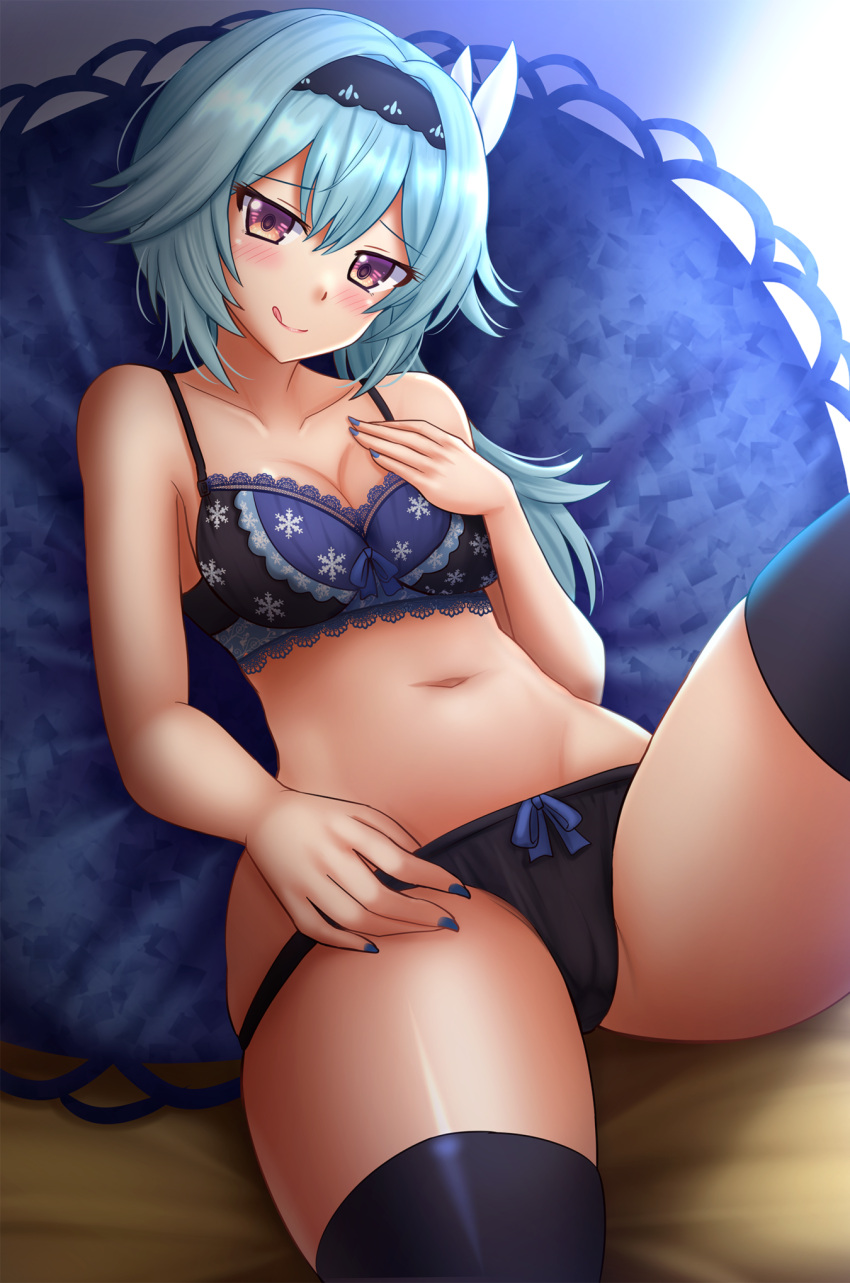 1girl :q bangs bare_arms bare_shoulders black_legwear black_panties blue_bra blue_hair blue_nails blush bow bow_panties bra breasts cleavage closed_mouth collarbone eula_lawrence eyebrows_visible_through_hair genshin_impact groin hair_between_eyes head_tilt highres kazenokaze knee_up lace-trimmed_bra lace_trim long_hair looking_at_viewer md5_mismatch medium_breasts nail_polish navel panties pillow purple_eyes resolution_mismatch smile solo source_larger thighhighs tongue tongue_out underwear underwear_only