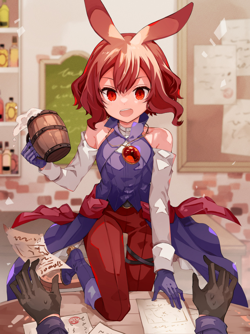 1girl 1other absurdres animal_ears bangs bare_shoulders beer_mug black_gloves blurry blurry_background blush collared_shirt collared_vest commentary_request cup gloves hair_between_eyes hand_up highres indoors jewelry knee_up long_sleeves looking_at_viewer luna_kuniculus mug multicolored_hair off-shoulder_shirt off_shoulder open_mouth pants pixiv_fantasia pixiv_fantasia_mountain_of_heaven purple_footwear purple_gloves purple_vest red_eyes red_hair red_pants shirt short_hair smile solo_focus standing tori_(10ri) upper_teeth vest waist_cape white_shirt