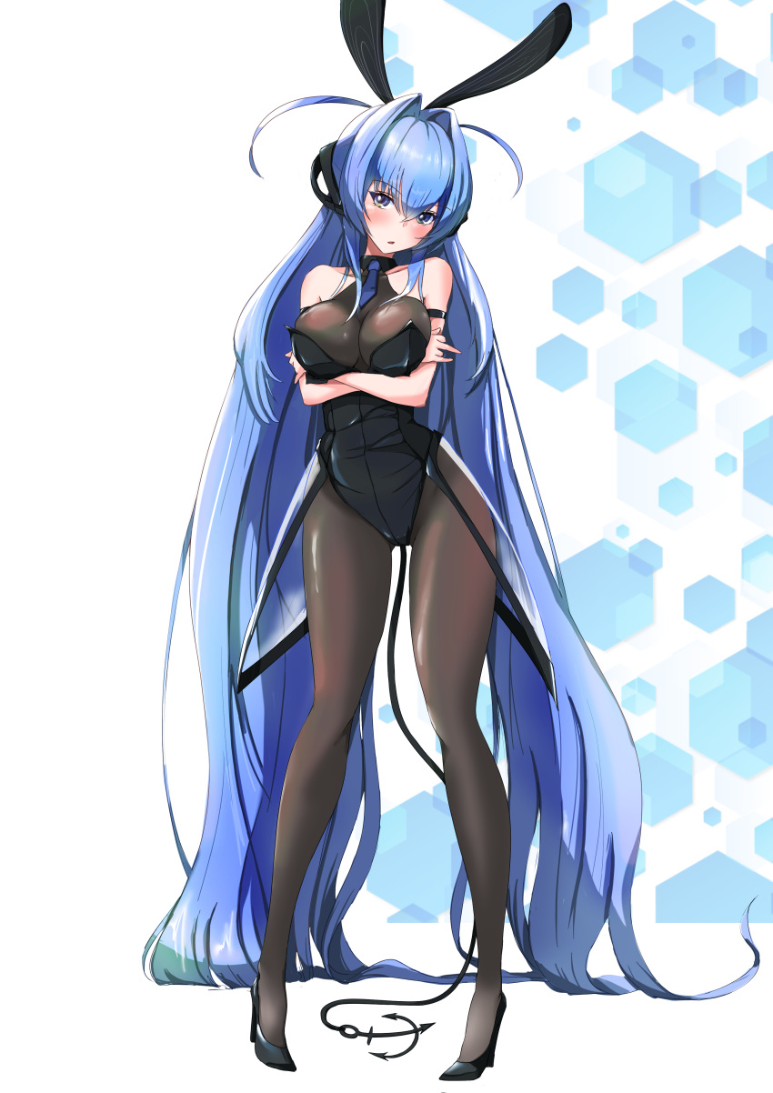 1girl absurdly_long_hair absurdres anchor_ornament animal_ears azur_lane black_leotard blue_hair bodystocking bunny_ears covered_navel crossed_arms full_body headgear highres leotard long_hair looking_at_viewer new_jersey_(azur_lane) new_jersey_(exhilarating_steps!)_(azur_lane) official_alternate_costume p.i.t.d pantyhose playboy_bunny solo very_long_hair white_background
