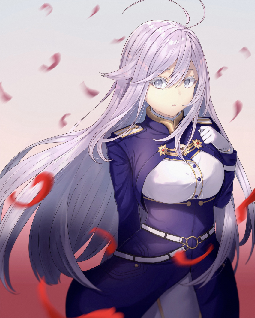 1girl 86_-eightysix- absurdres ahoge antenna_hair bangs breasts gloves hair_between_eyes highres large_breasts long_hair m.tokotsu military military_uniform silver_eyes silver_hair uniform vladilena_millize white_gloves