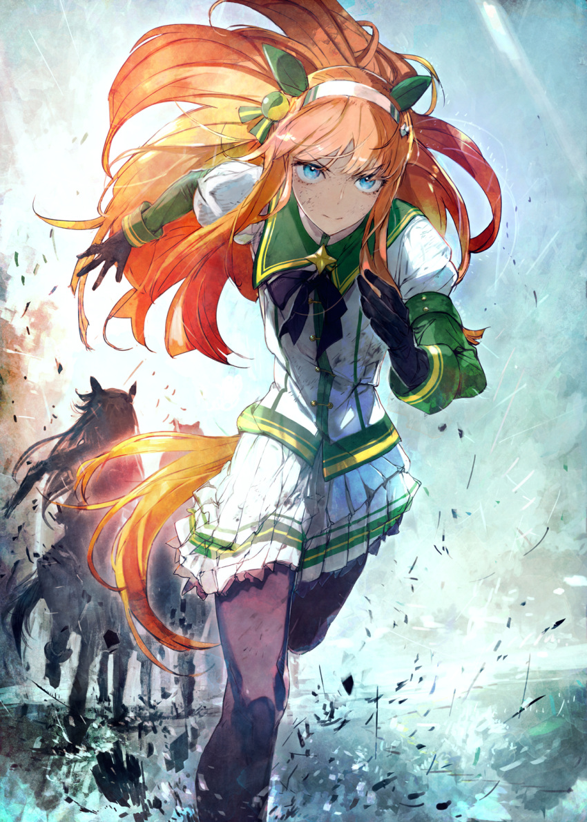 1girl animal_ears bangs black_gloves black_legwear blue_eyes breasts ear_covers gloves green_sailor_collar green_sleeves hairband highres horse_ears horse_girl horse_tail layered_sleeves long_hair long_sleeves orange_hair pantyhose running sailor_collar shirt silence_suzuka_(umamusume) skirt solo_focus tail toi8 umamusume white_hairband white_shirt white_skirt