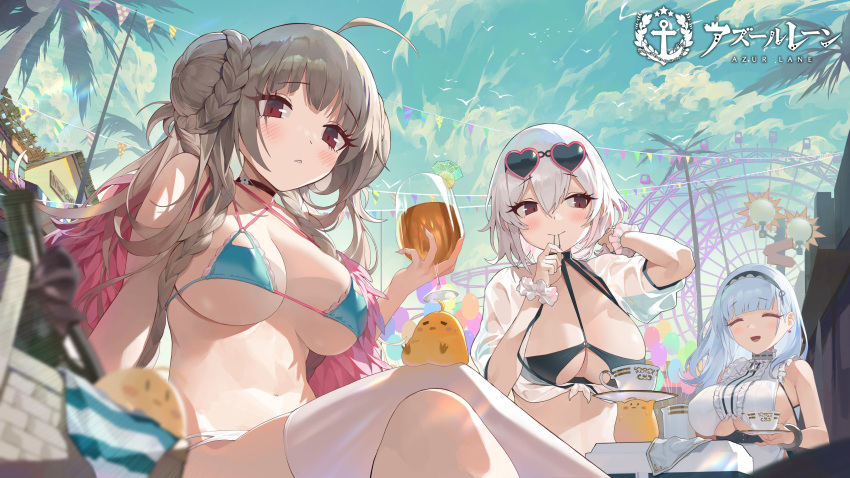 3girls absurdres aqua_bikini azur_lane balloon bikini black_bikini black_hairband blue_bikini blue_hair blue_sky blurry blurry_foreground braid braided_bun breasts bsue center_frills choker closed_eyes clothing_cutout commentary_request criss-cross_halter crossed_legs cup dido_(azur_lane) double_bun earrings eyewear_on_head feather_boa ferris_wheel formidable_(azur_lane) formidable_(the_lady_of_the_beach)_(azur_lane) frills hair_between_eyes hairband halterneck heart heart-shaped_eyewear highres holding holding_cup huge_breasts jewelry large_breasts loading_screen long_hair looking_at_viewer looking_down manjuu_(azur_lane) multi-strapped_bikini multiple_girls o-ring o-ring_bikini o-ring_top official_alternate_costume official_art open_mouth palm_tree picnic_basket pink-framed_eyewear pink_choker platinum_blonde_hair red_eyes scrunchie shirt short_hair sideboob single_thighhigh sirius_(azur_lane) sirius_(midsummer_seirios)_(azur_lane) sitting skindentation sky sleeveless sleeveless_shirt sunglasses swimsuit teacup thighhighs tree underboob underboob_cutout very_long_hair white_hair white_scrunchie white_shirt wrist_scrunchie