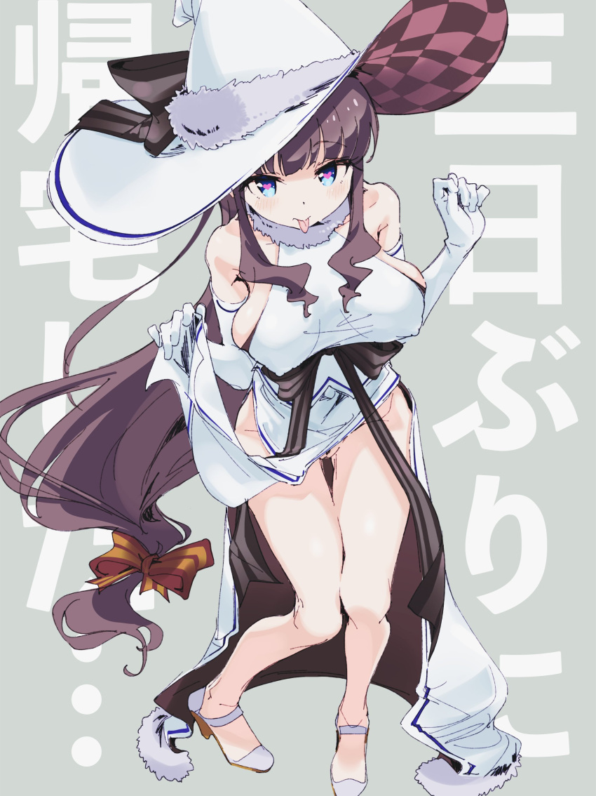 1girl absurdres background_text bangs bare_legs bare_shoulders blue_eyes bow breasts brown_hair checkered clothes_lift covered_nipples dress dress_lift elbow_gloves eyebrows_visible_through_hair gloves grey_background hair_bow hands_up hat hat_bow heart heart-shaped_pupils highres kirara_fantasia knees_together_feet_apart large_breasts lifted_by_self long_hair low-tied_long_hair ltotyht new_game! no_panties pelvic_curtain pink_pupils sidelocks simple_background solo standing symbol-shaped_pupils takimoto_hifumi thigh_gap tongue tongue_out translation_request very_long_hair white_dress white_headwear witch_hat