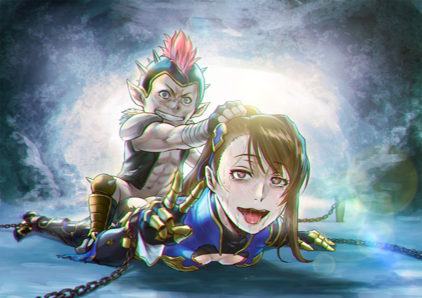 1boy 1girl azasuke bangs beatrix_(granblue_fantasy) blush breasts brown_eyes brown_hair chain character_request cleavage drooling granblue_fantasy hair_pull heart heart-shaped_pupils helmet hetero highres long_hair open_mouth pointy_ears ponytail prone_bone restrained sex sex_from_behind spiked_helmet symbol-shaped_pupils v