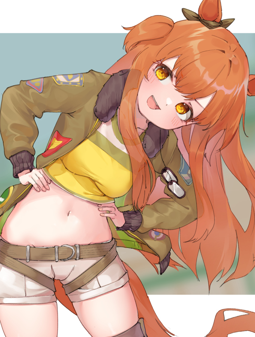 1girl animal_ears arms_at_sides belt bend blush commentary_request dog_tags highres horse_ears horse_girl jacket long_hair looking_at_viewer mayano_top_gun_(umamusume) midriff navel open_mouth orange_hair sameya_(ara7569) shorts solo umamusume yellow_eyes