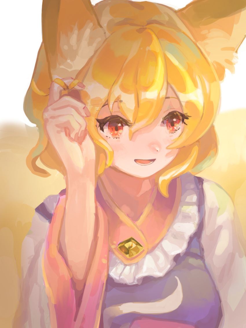 1girl :d animal_ear_fluff animal_ears blonde_hair breasts dress fox_ears fox_tail hair_twirling highres large_breasts looking_to_the_side multiple_tails no_hat no_headwear open_mouth red_eyes short_hair smile solo surumeri_(baneiro) tabard tail touhou upper_body white_dress yakumo_ran