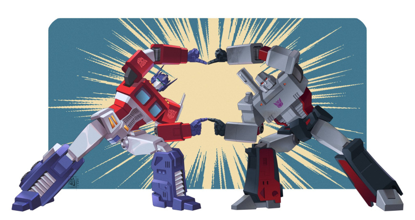 2boys autobot blue_eyes confused decepticon dragon_ball finger_touching fusion_dance highres lantana0_0 looking_at_viewer mecha megatron multiple_boys optimus_prime parody red_eyes science_fiction transformers