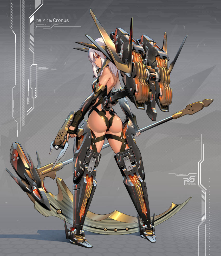 1girl ass black_gloves breasts english_commentary fingerless_gloves from_behind full_body gloves grey_background highres holding holding_weapon looking_at_viewer looking_back mecha_musume mixed-language_commentary original pinakes red_eyes short_hair small_breasts solo weapon white_hair