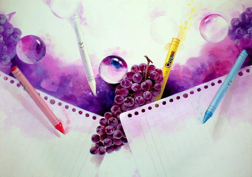 acrylic_paint_(medium) crayon floating floating_object food fruit grapes highres marble no_humans noske original paper still_life traditional_media