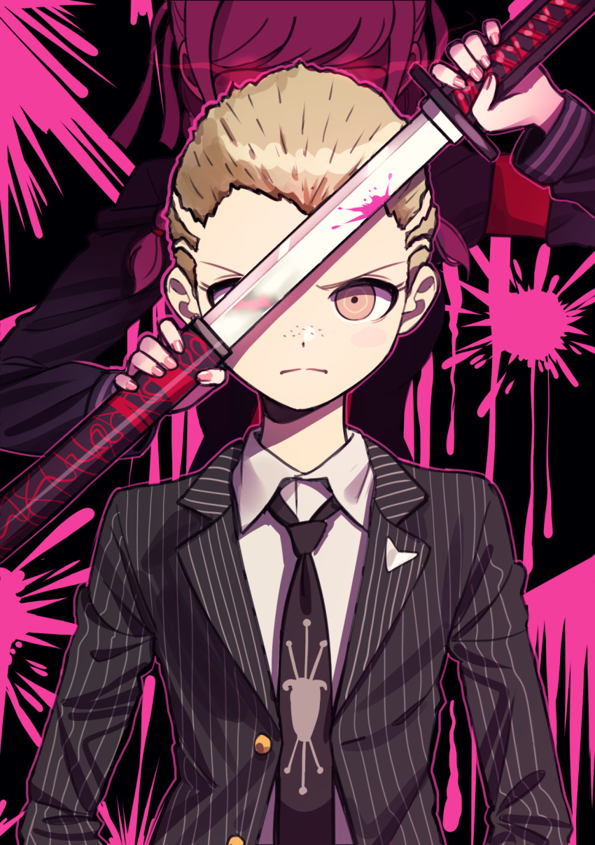 1boy armband bangs black_background black_jacket black_neckwear black_shirt blonde_hair collared_shirt danganronpa_(series) danganronpa_2:_goodbye_despair deadnooodles freckles frown glowing grey_hair highres holding holding_sword holding_weapon jacket katana kuzuryuu_fuyuhiko long_sleeves looking_at_viewer male_focus necktie pekoyama_peko pink_background pink_blood sheath shirt short_hair solo striped_jacket sword unsheathing upper_body very_short_hair weapon white_shirt yakuza