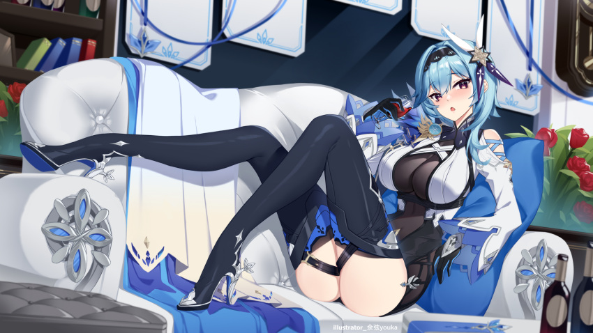 1girl ass bangs black_gloves black_hairband blue_hair blush bookshelf boots breasts cleavage couch eula_lawrence genshin_impact glass_bottle gloves hairband high_heels highres large_breasts looking_at_viewer open_mouth pillow reclining see-through solo thigh_boots thighhighs thighs wide_sleeves yellow_eyes yuxian_youka zettai_ryouiki