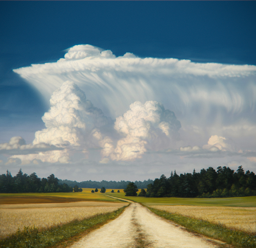 cloud cloud_focus cloudy_sky cumulonimbus_cloud dirt_road faux_traditional_media field flower forest justinas_vitkus landscape lithuania meadow nature no_humans original road rural scenery sky summer tree weeds wheat_field