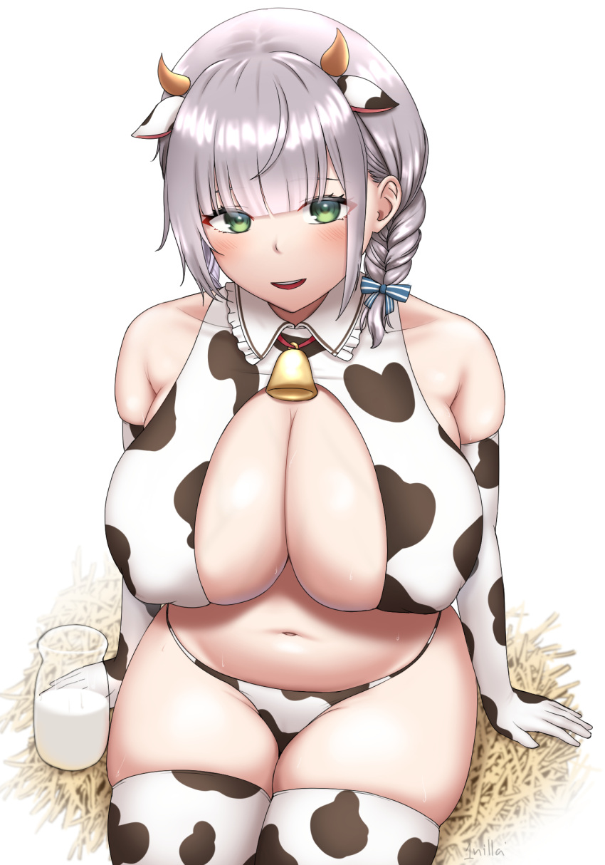 1girl 1nilla' animal_costume animal_ears animal_print arm_support bangs bell bikini blush bottle braid breasts cleavage collar collarbone cow_costume cow_ears cow_girl cow_horns cow_print elbow_gloves eyebrows_visible_through_hair gloves green_eyes hair_between_eyes highres hololive horns huge_breasts large_breasts long_hair looking_at_viewer milk_bottle navel neck_bell open_mouth print_gloves shirogane_noel silver_hair sitting smile solo stomach swimsuit thighhighs virtual_youtuber