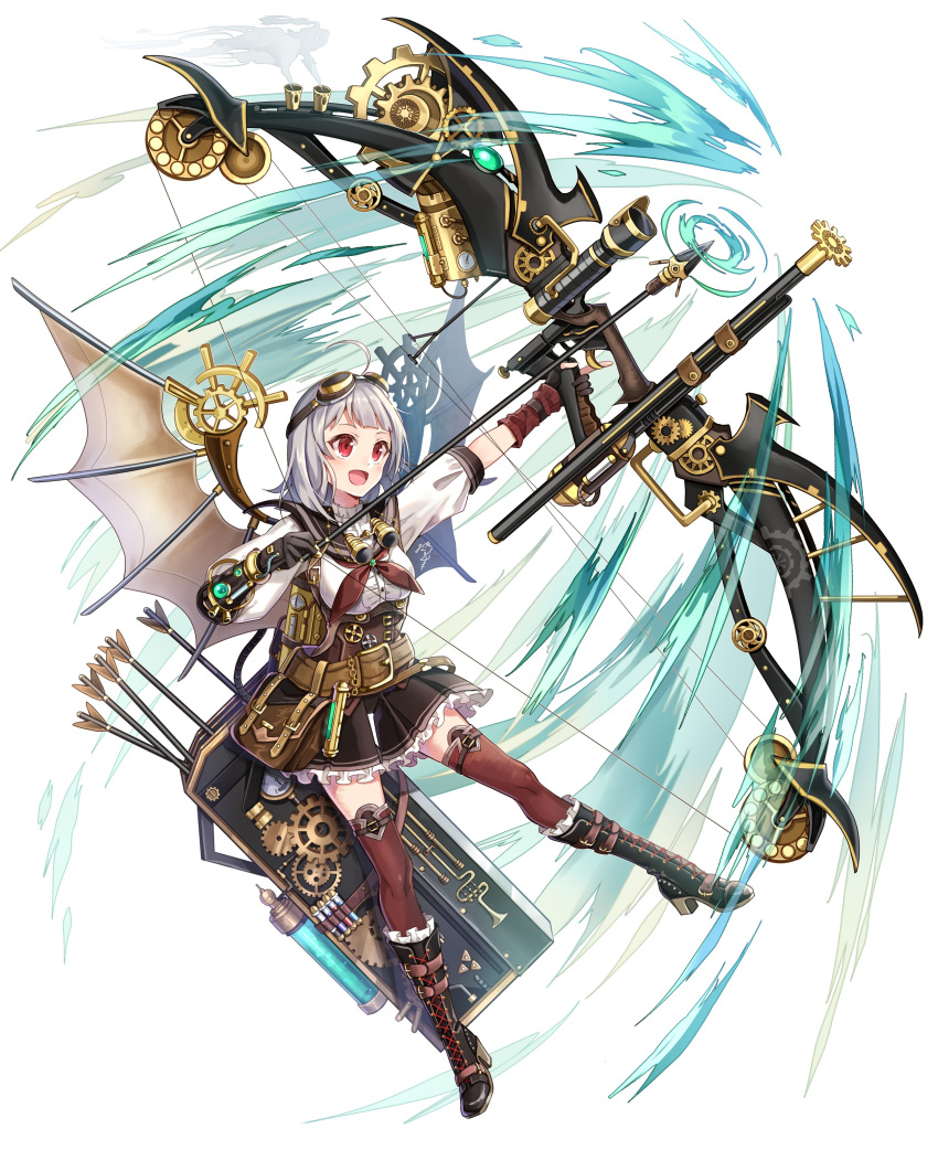 1girl :d absurdres ahoge arrow_(projectile) bangs binoculars black_footwear black_sailor_collar black_shorts boots bow_(weapon) breasts brown_legwear center_frills commentary_request compound_bow cross-laced_footwear frilled_boots frilled_footwear frilled_shorts frills full_body goggles goggles_on_head grey_hair highres holding holding_bow_(weapon) holding_weapon lace-up_boots looking_away medium_breasts neckerchief nekozuki_yuki open_mouth original pleated_shorts puffy_short_sleeves puffy_sleeves quiver red_eyes red_neckwear sailor_collar shirt short_shorts short_sleeves shorts simple_background smile solo steam steampunk thighhighs thighhighs_under_boots weapon white_background white_shirt