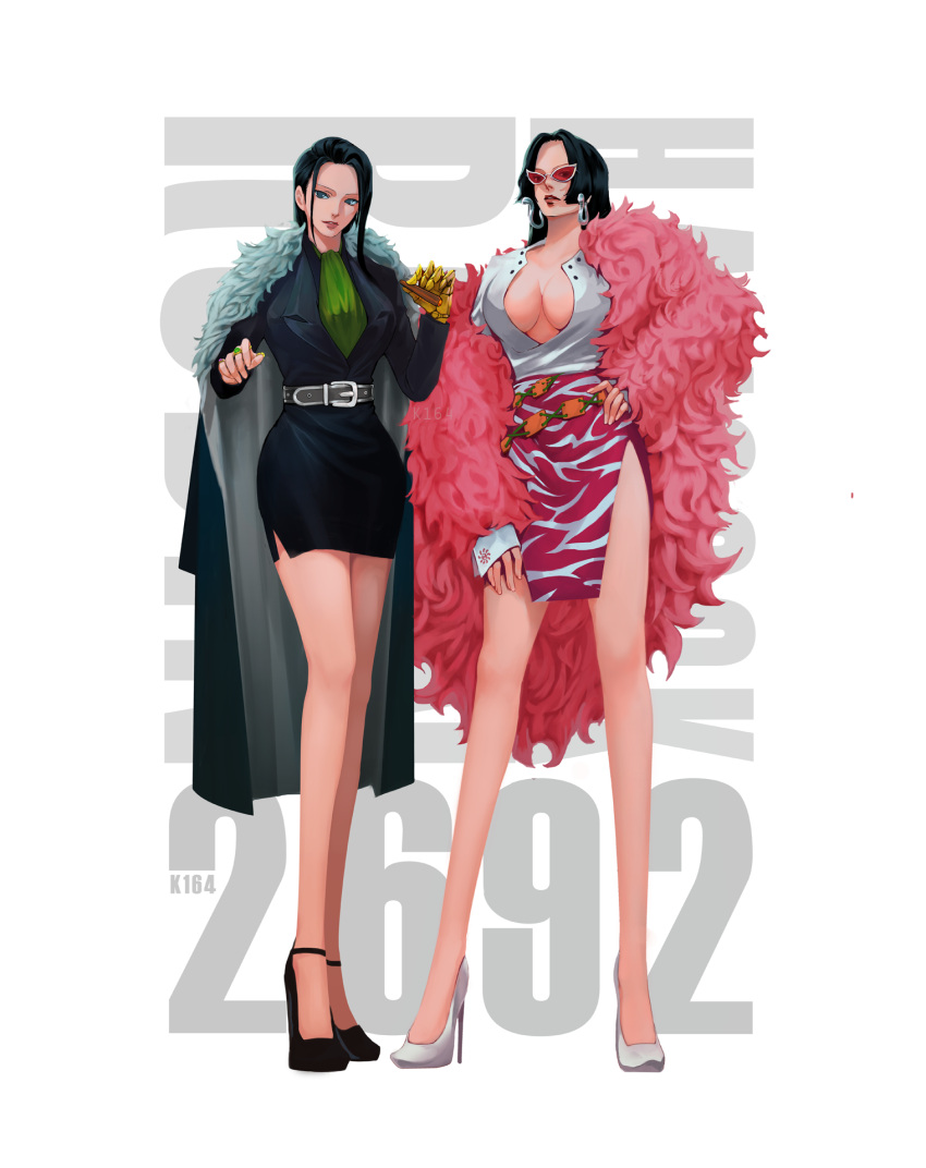 2girls belt black_hair blue_eyes boa_hancock breasts cigar cleavage coat cosplay donquixote_doflamingo donquixote_doflamingo_(cosplay) earrings formal full_body fur_coat hand_on_hip high_heels highres holding jewelry k164 large_breasts lipstick long_hair makeup miniskirt multiple_girls nico_robin one_piece sir_crocodile sir_crocodile_(cosplay) skirt standing suit sunglasses