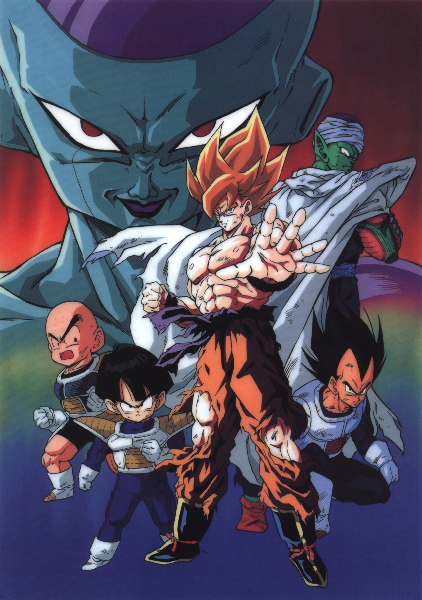 1990s_(style) 6+boys absurdres bald black_hair blonde_hair cape dougi dragon_ball dragon_ball_z facial_mark father_and_son forehead_mark frieza highres kuririn looking_at_viewer looking_back male_focus multiple_boys muscular muscular_male namekian official_art open_hand open_mouth outstretched_arm piccolo pointy_ears red_eyes retro_artstyle saiyan saiyan_armor scan serious son_gohan son_goku spiked_hair squatting standing super_saiyan super_saiyan_1 turban vegeta widow's_peak wristband
