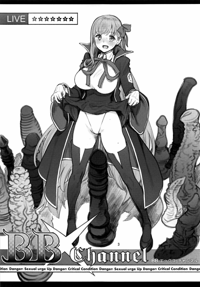 1girl :d bb_(fate) bb_(fate)_(all) blush breasts clothes_lift coat collared_shirt dildo dragon_dildo english_text fate/extra fate/extra_ccc fate_(series) fixed greyscale high-waist_skirt highres horse_dildo huge_dildo imminent_masturbation inoue_kiyoshirou large_breasts lifted_by_self livestream long_sleeves looking_at_viewer monochrome neck_ribbon open_clothes open_coat open_mouth pigeon-toed ribbon scan sex_toy shirt shoes skirt skirt_lift smile solo spiked_dildo standing sweat thighhighs wing_collar