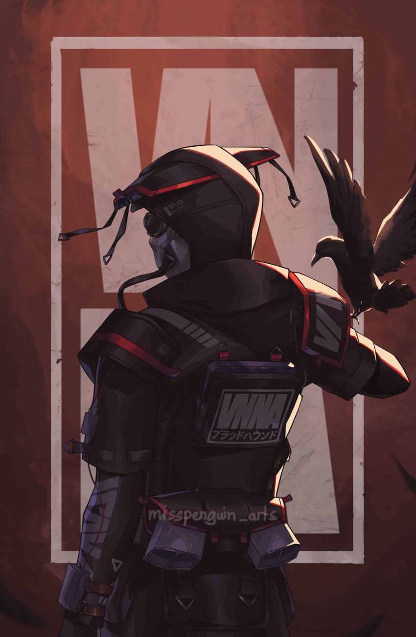 1other ambiguous_gender animal_on_arm apex_legends artist_name bird bird_on_arm black_jacket bloodhound_(apex_legends) crow english_commentary from_behind goggles helmet highres jacket looking_ahead mask miss_penguin road_warrior_bloodhound solo watermark