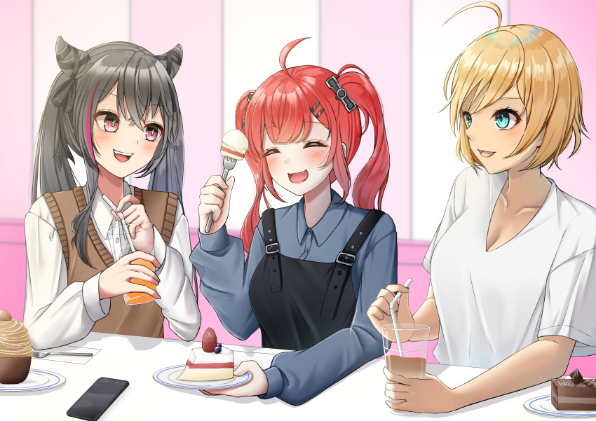 +_+ 3girls :d absurdres ahoge alternate_costume azur_lane bangs black_ribbon blonde_hair blue_eyes blue_skirt blush breasts brown_sweater california_(azur_lane) casual cellphone cleavage closed_eyes collarbone commentary_request commission crossed_bangs cup dark-skinned_female dark_skin double_bun drink drinking_straw eyebrows_visible_through_hair fang food fork grey_hair hair_between_eyes hair_horns hair_ribbon highres holding holding_cup holding_fork holding_plate indoors konparu_uran long_hair long_sleeves looking_at_another medium_breasts multicolored_hair multiple_girls open_mouth overalls phone plate purple_eyes purple_hair red_hair ribbon san_diego_(azur_lane) san_francisco_(azur_lane) shadow shirt short_hair short_sleeves sidelocks sitting skeb_commission skirt smartphone smile streaked_hair sweater sweater_vest twintails upper_body upper_teeth v-neck white_shirt