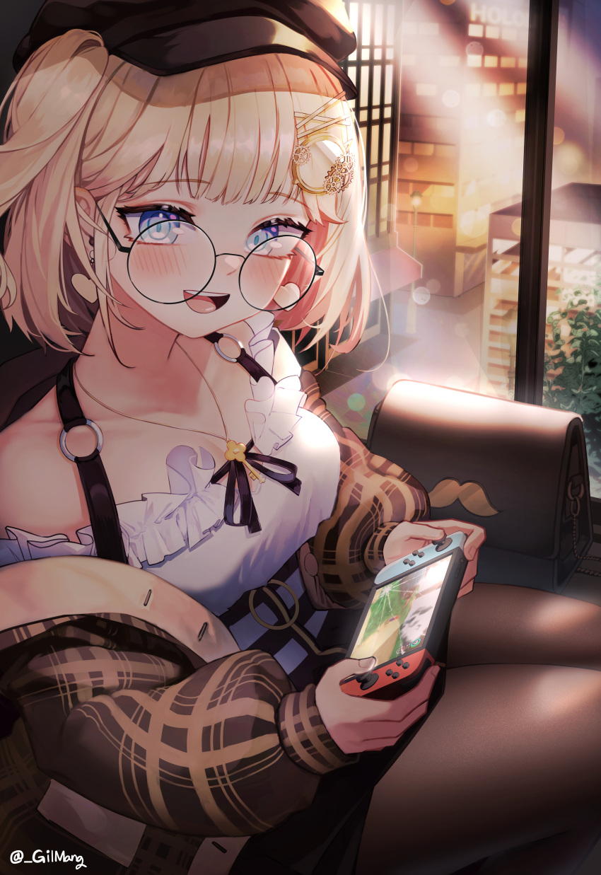 1girl absurdres bag bangs black_legwear blonde_hair blue_eyes blush brown_jacket commentary controller cracked_screen english_commentary eyebrows_visible_through_hair frilled_shirt_collar frills from_above game_controller gilmang glasses hair_ornament hairclip highres holding holding_controller holding_game_controller hololive hololive_english huge_filesize jacket jewelry looking_at_viewer monocle_hair_ornament necklace nintendo_switch off-shoulder_shirt off_shoulder official_alternate_costume open_mouth pantyhose plaid_jacket ringed_eyes round_eyewear shirt shoulder_bag side_ponytail sitting skirt solo twitter_username virtual_youtuber watson_amelia white_shirt window x_hair_ornament
