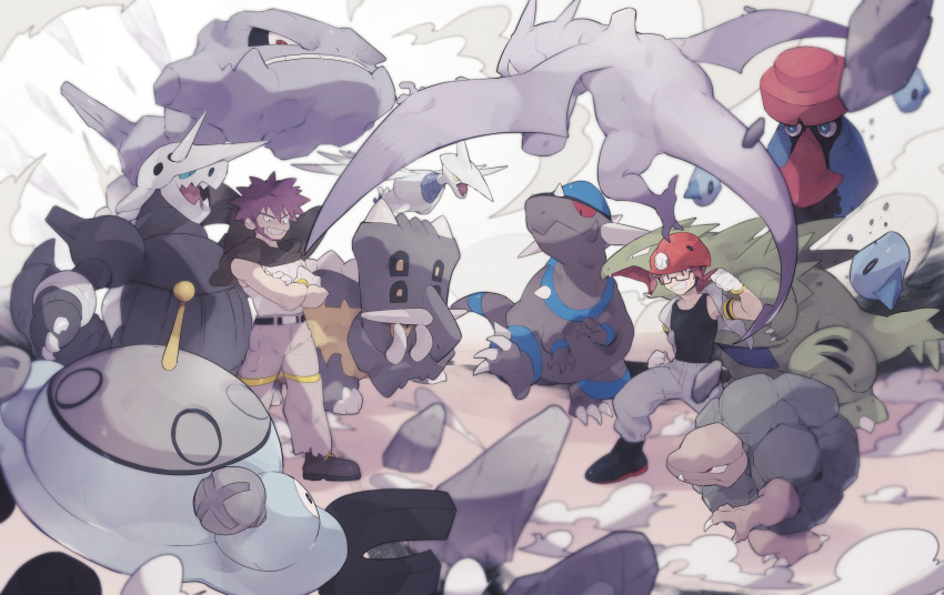 2boys absurdres aerodactyl aggron baggy_pants bastiodon belt black_footwear black_shirt boots byron_(pokemon) cape crossed_arms father_and_son gen_1_pokemon gen_2_pokemon gen_3_pokemon gen_4_pokemon glasses gloves golem_(pokemon) grey_jacket grey_pants grin gym_leader helmet highres jacket magnezone male_focus mimura_(nnnnnnnnmoo) multiple_boys pants pokemon pokemon_(creature) pokemon_(game) pokemon_dppt probopass rampardos red_eyes red_hair red_headwear roark_(pokemon) shirt short_sleeves skarmory smile spiked_hair steelix tyranitar white_gloves white_shirt