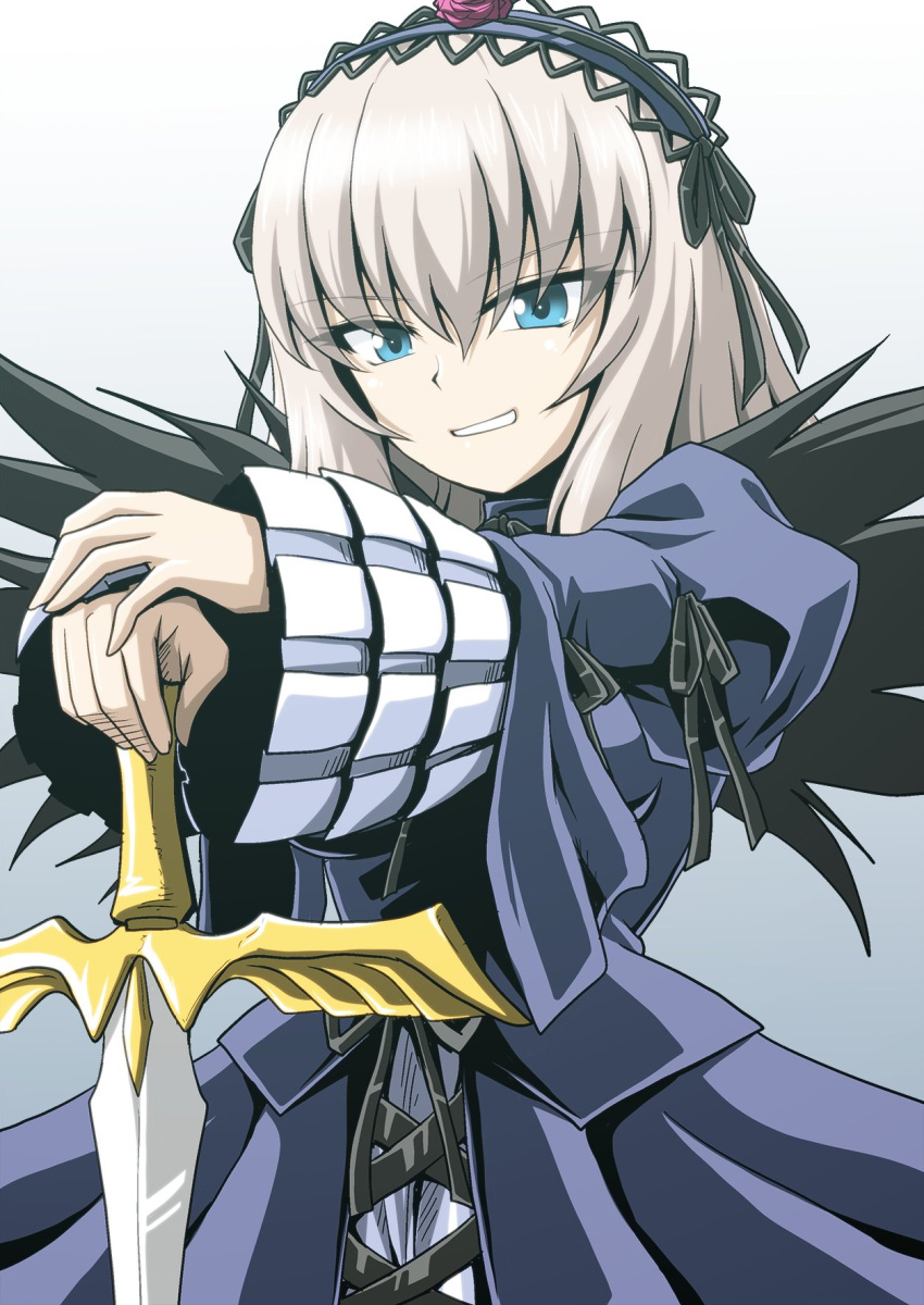 1girl bangs black_wings blue_dress blue_eyes blue_hairband commentary cosplay cowboy_shot dress eyebrows_visible_through_hair feathered_wings frilled_sleeves frills girls_und_panzer gradient gradient_background grey_background grin hairband highres holding holding_sword holding_weapon itsumi_erika juliet_sleeves kamishima_kanon lolita_hairband long_sleeves looking_at_viewer medium_hair puffy_sleeves rozen_maiden silver_hair smile solo standing suigintou suigintou_(cosplay) sword two-handed_sword weapon wings