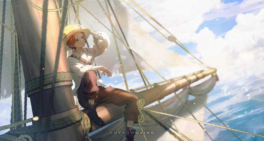 1boy black_footwear blue_sky cloud day dywx_poison hand_on_headwear hat highres male_focus mast ocean one_piece outdoors red_hair rope sail shanks shirt sitting sky smile solo straw_hat white_shirt younger