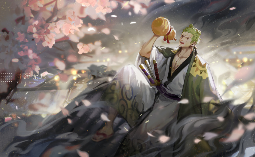 1boy cherry_blossoms dywx_poison earrings flower gourd green_hair haori holding japanese_clothes jewelry katana kimono male_focus one_piece open_mouth roronoa_zoro scar sitting solo sword weapon wide_sleeves